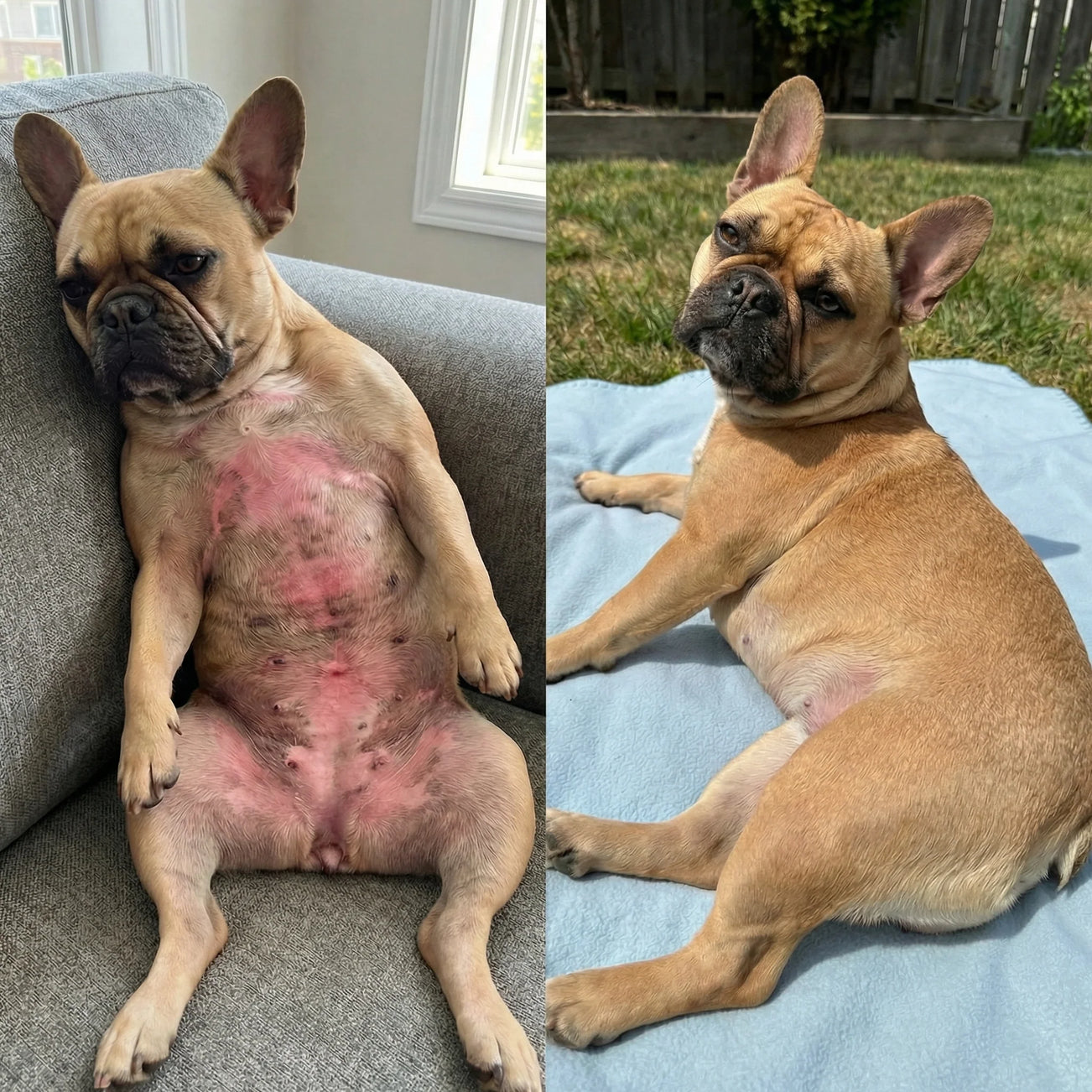 Prima e dopo della pelle di un Bouledogue Francese