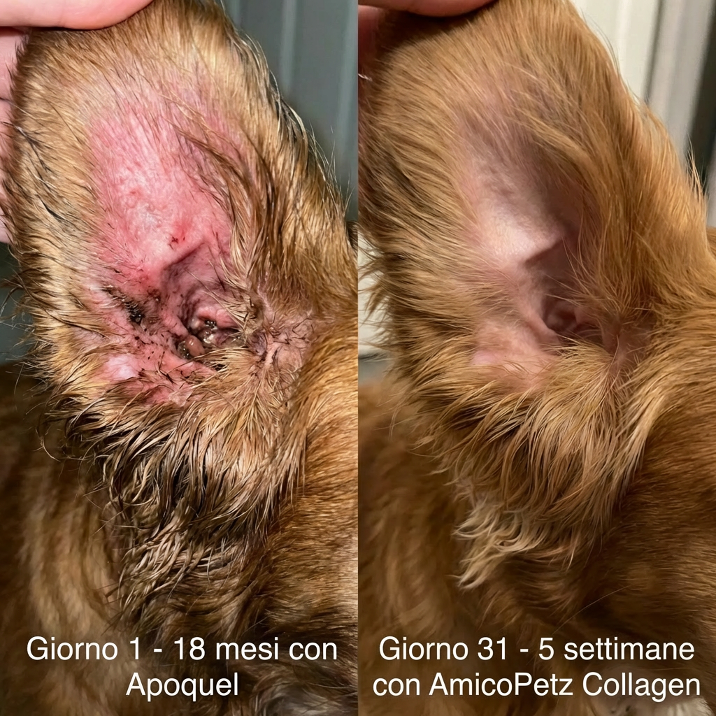 Prima e dopo del recupero di un'otite canina