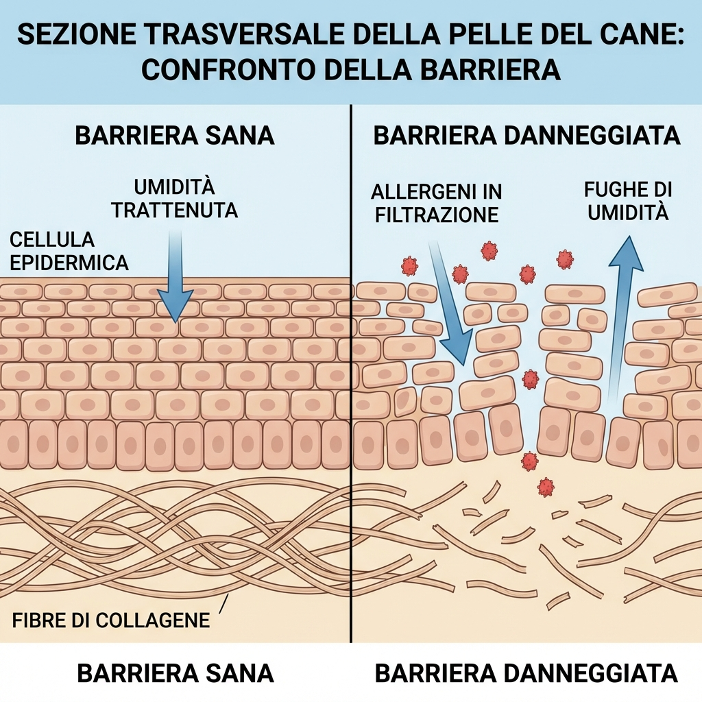 Confronto illustrato tra barriera cutanea sana e danneggiata