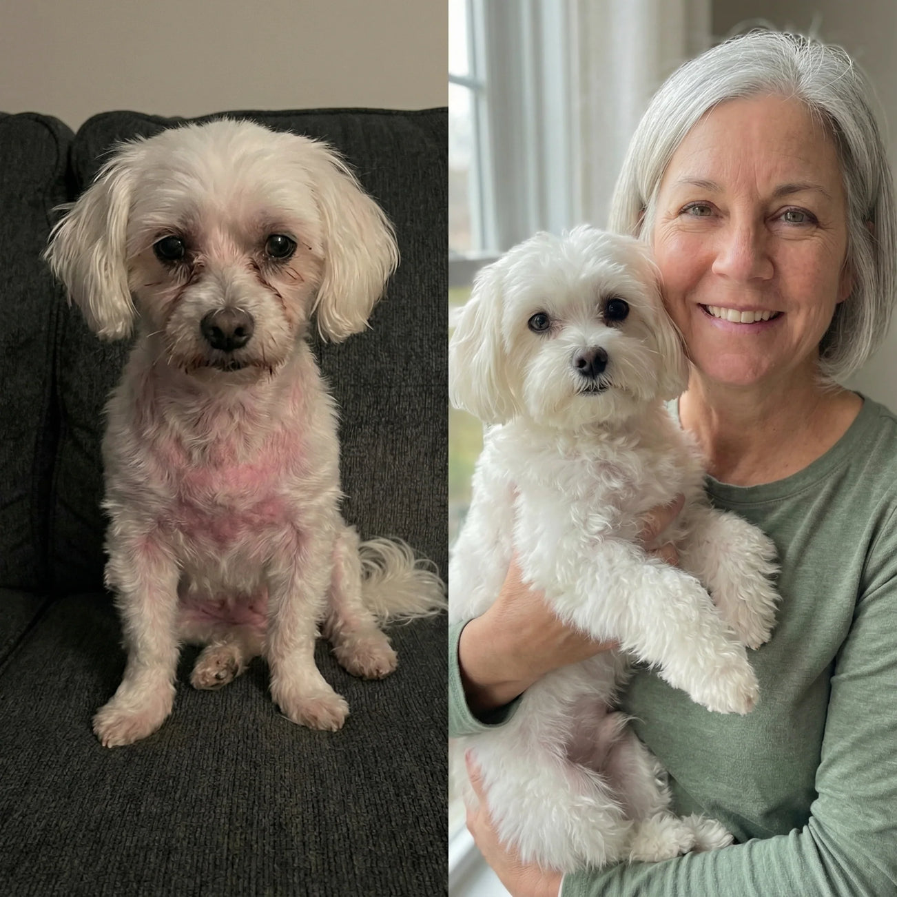 Prima e dopo del recupero della pelle e del pelo di un Maltese