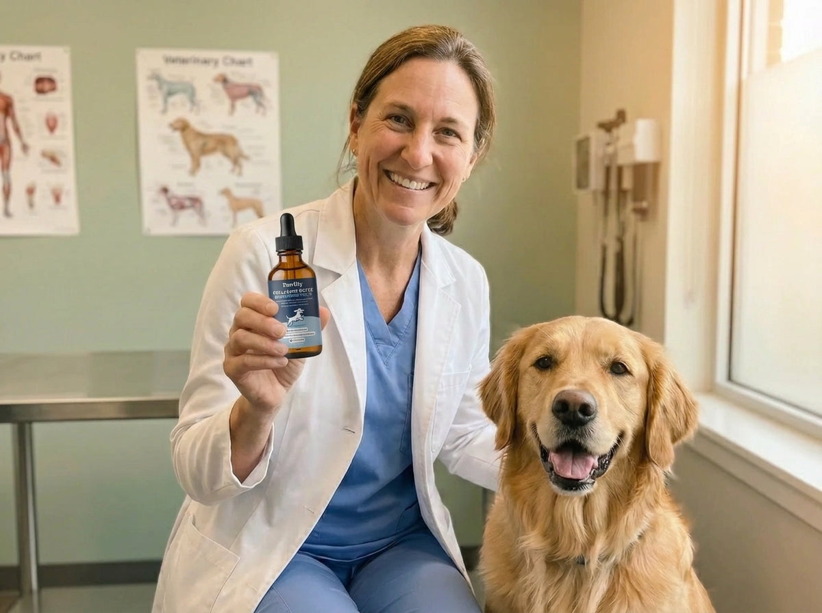 Veterinaria presenta il collagene liquido accanto a un Golden Retriever