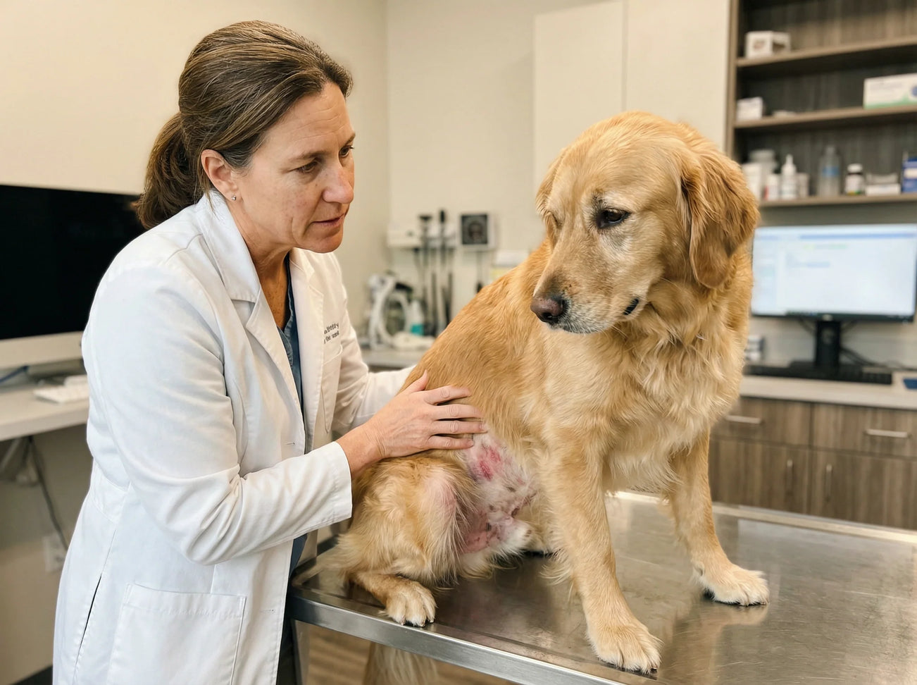 Veterinaria esamina la pelle irritata di un Golden Retriever
